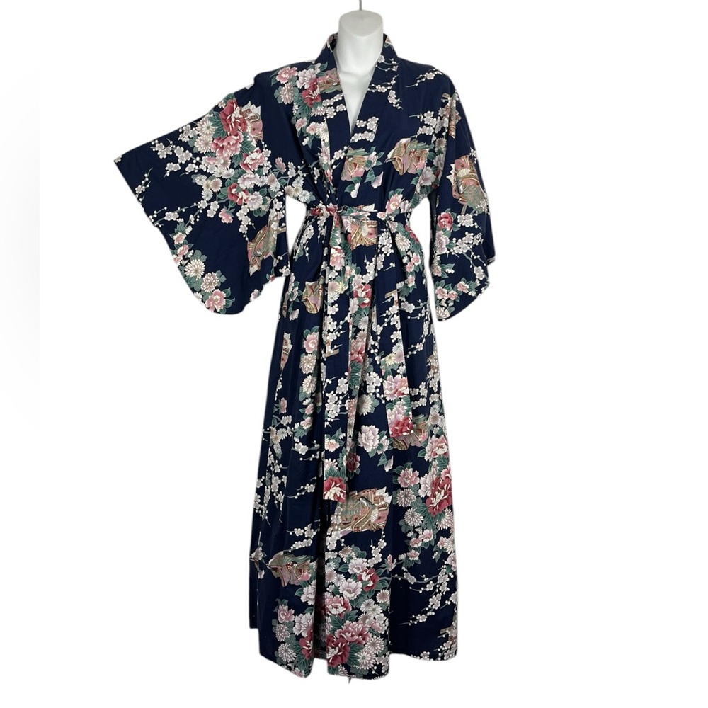 Vintage Japanese Cotton Kimono Robe Floral Wrap Dress Navy Size S